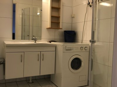 Apartment Type 1 bathroom with shower and washing machine – Sotra Rorbusenter