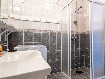 Bathroom with shower, sink, and washing machine.
