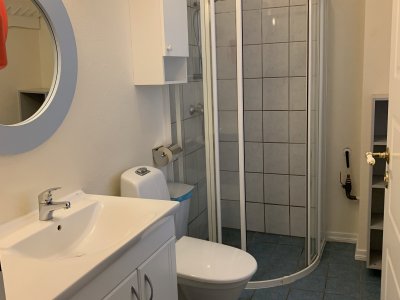 Bathroom with shower, sink, and toilet.