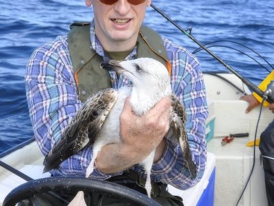 Fisherman holding bird caught during trip.