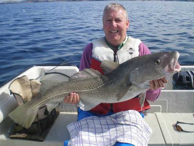 Angler holding large cod on boat.