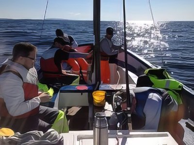 Guests fishing from motorboat at sea.