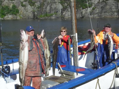 Three guests holding ling and pollock at harbor.