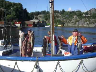 Group with ling and pollock catch at harbor.