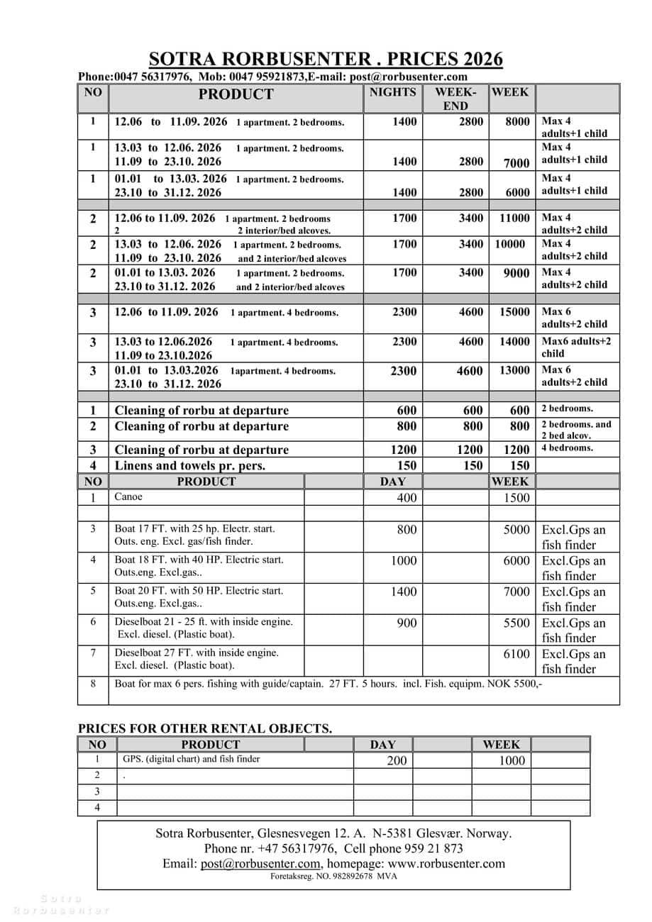 Price list for apartments and rental services in 2026.