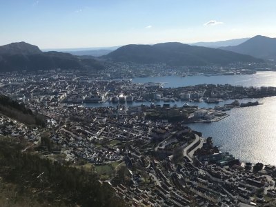 Bergen cityscape with mountains and fjord.