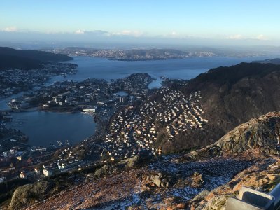 View from Mount Ulriken overlooking Bergen and the fjord.
