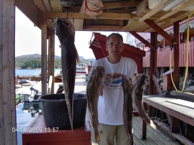 Owner of Sotra Rorbusenter holding fish at harbor with fjord view.