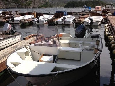 Rental motorboat equipped for fishing.