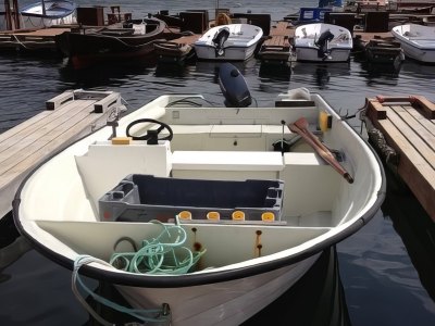 Rental motorboat for fishing at harbor.