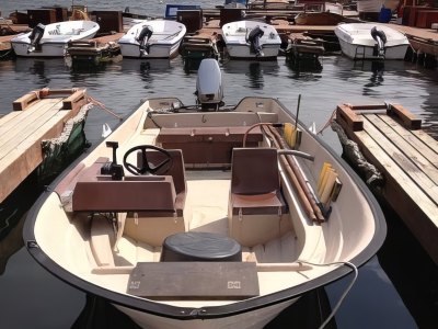 Rental motorboat equipped for fishing.