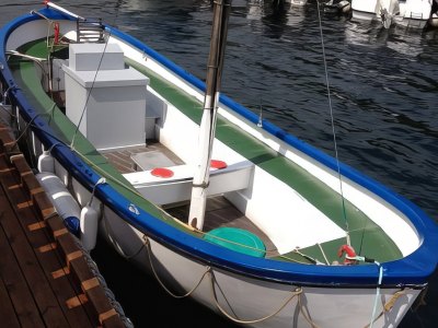 Traditional open-deck motorboat for fishing.